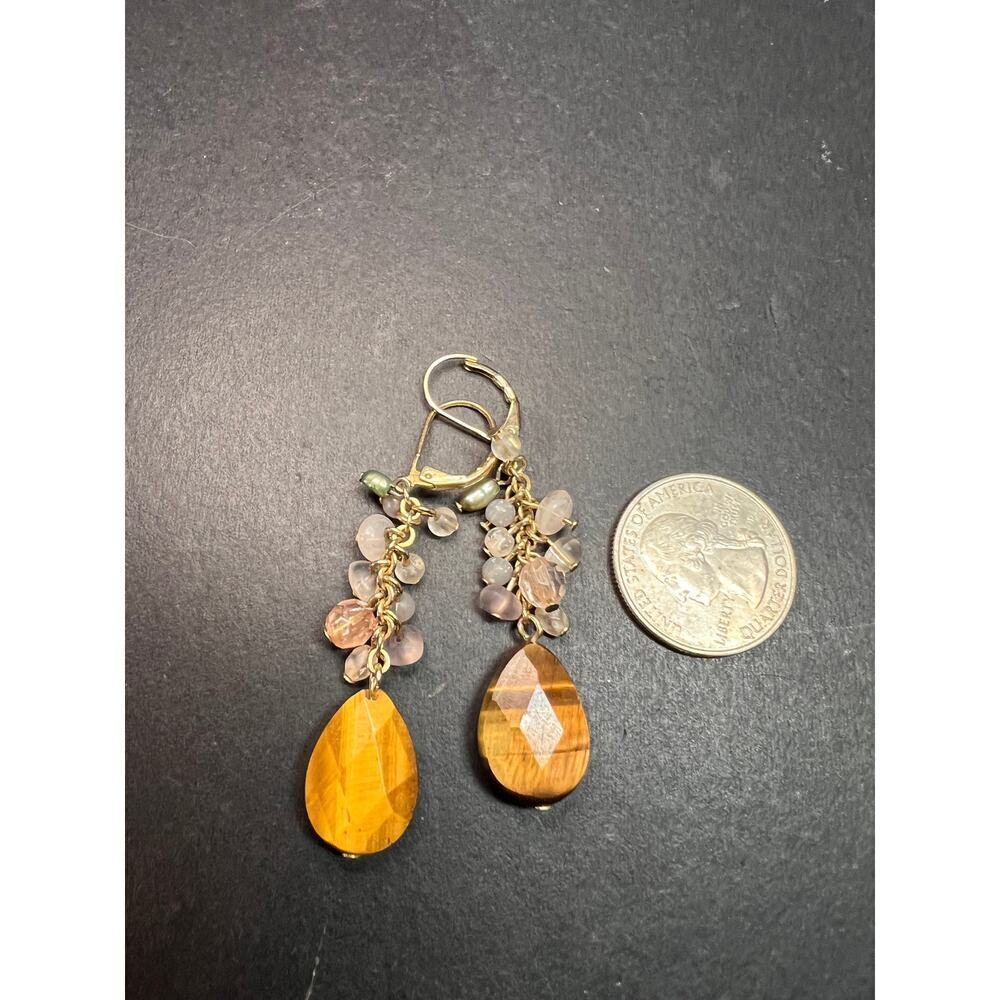 Avon tigers eye gold tone lever back chandelier earrings - Picture 4 of 7